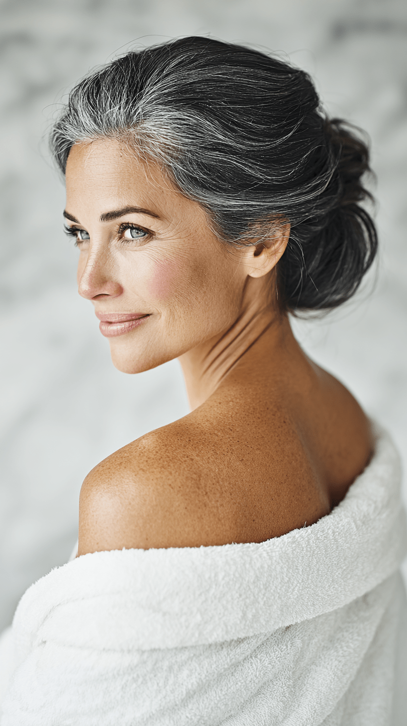 Eine schöne Frau, etwas älter, lange braun-weisse Haare und eine schöne Haut.